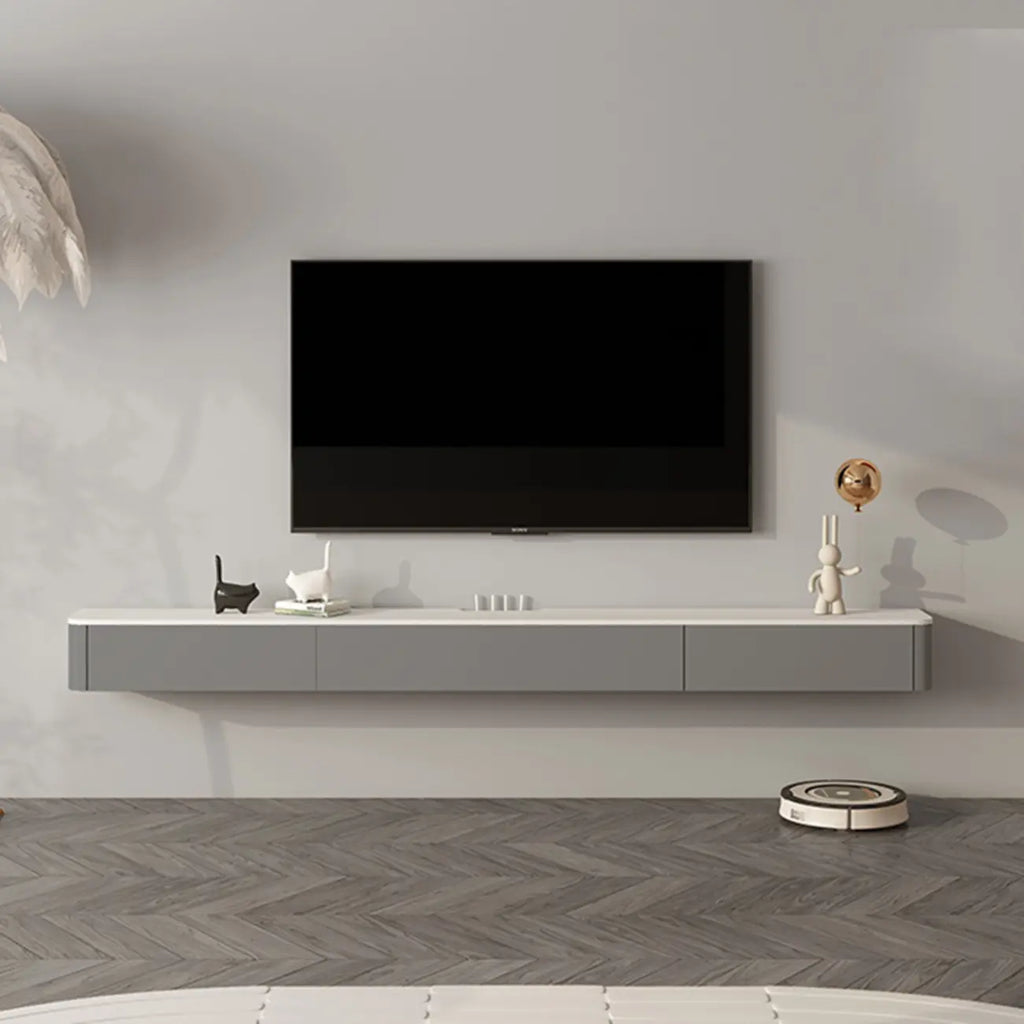 Mobile TV galleggiante lungo 71, colore bianco sporco, con gestione cavi in legno
