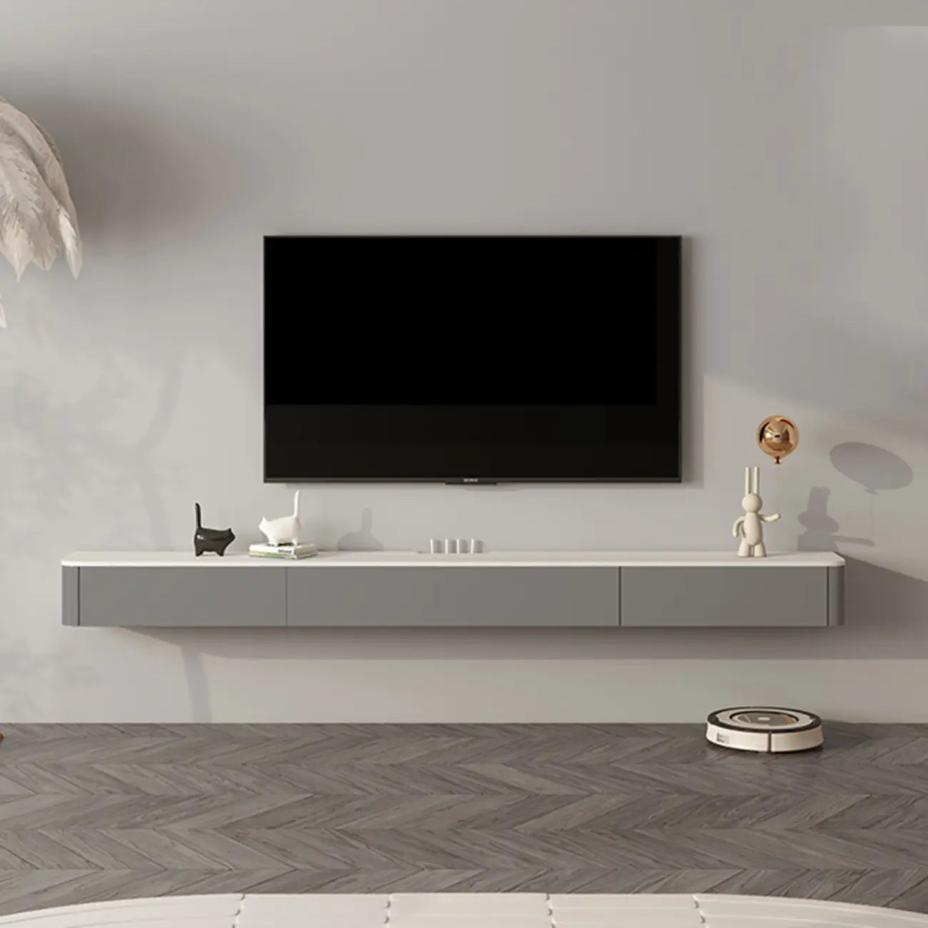 Mobile TV galleggiante lungo 71, colore bianco sporco, con gestione cavi in legno