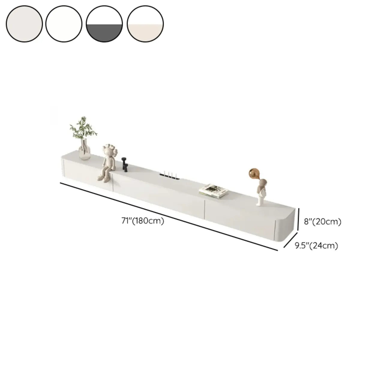 Mobile TV galleggiante lungo 71, colore bianco sporco, con gestione cavi in legno