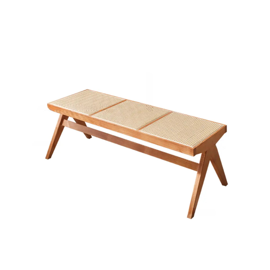 Bancs rectangulaires élégants en bois de cerisier avec plateau en rotin