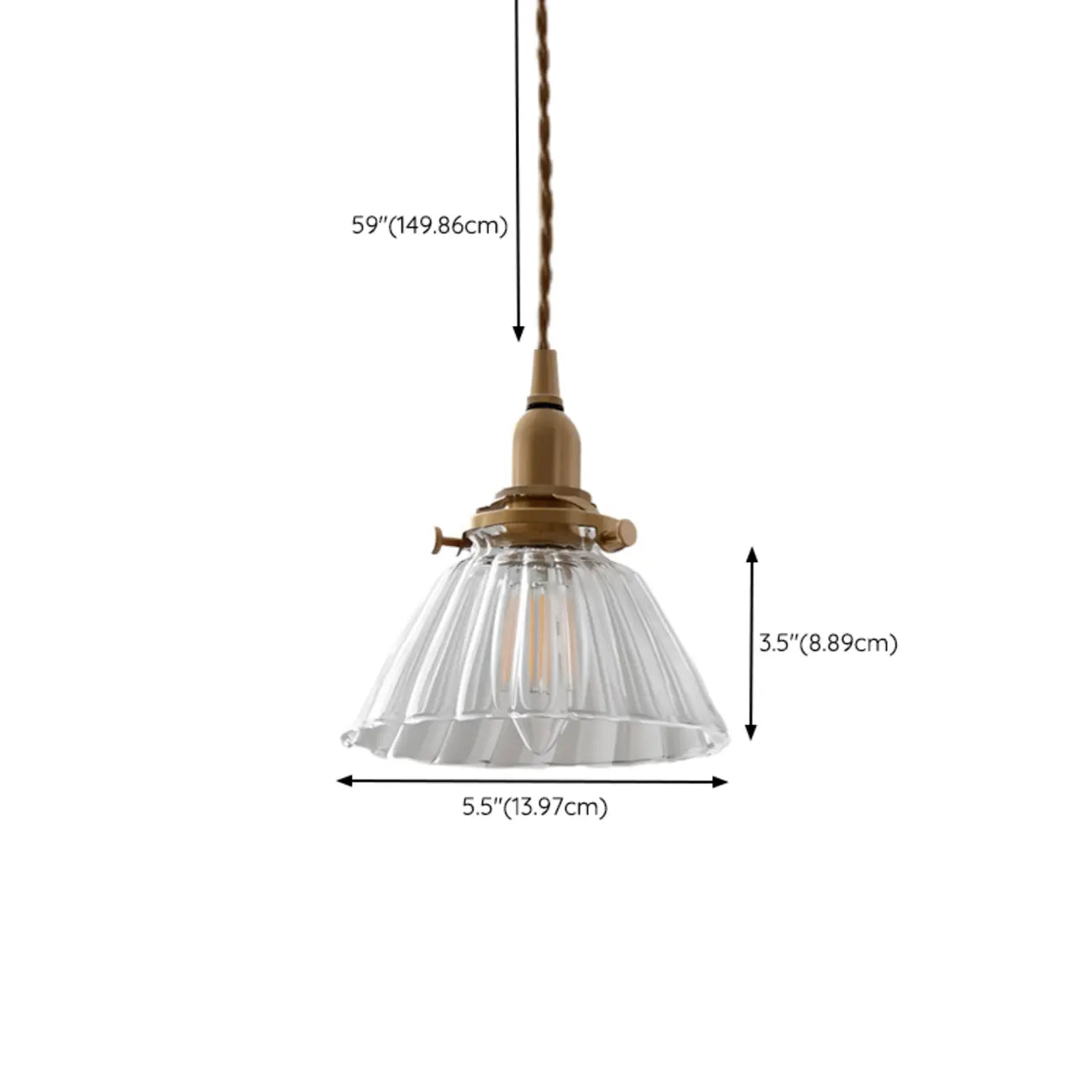 Suspension minimaliste conique en verre transparent et laiton