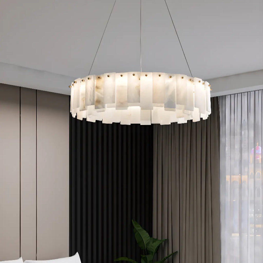 Lustre suspendu circulaire en albâtre gris-blanc glamour