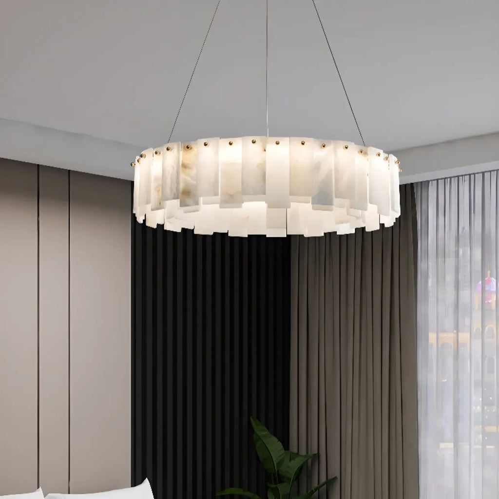 Lustre suspendu circulaire en albâtre gris-blanc glamour