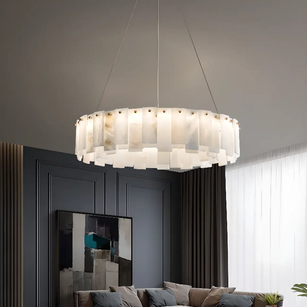Lustre suspendu circulaire en albâtre gris-blanc glamour