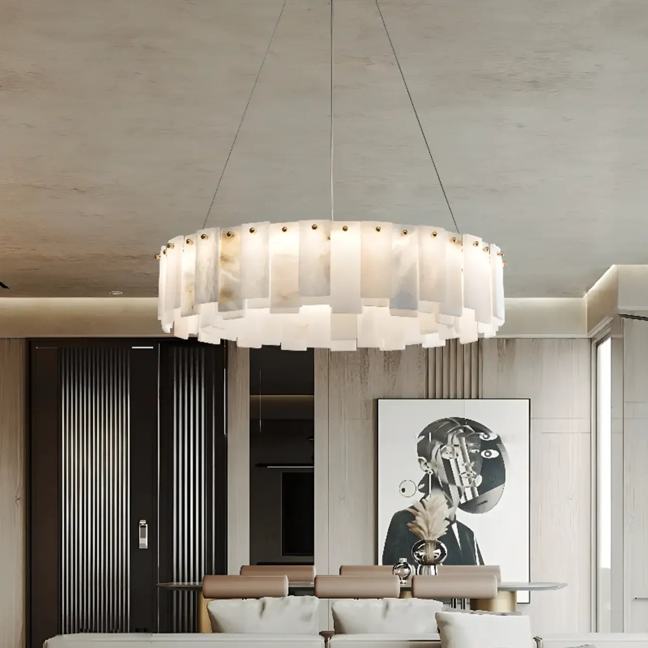 Lustre suspendu circulaire en albâtre gris-blanc glamour