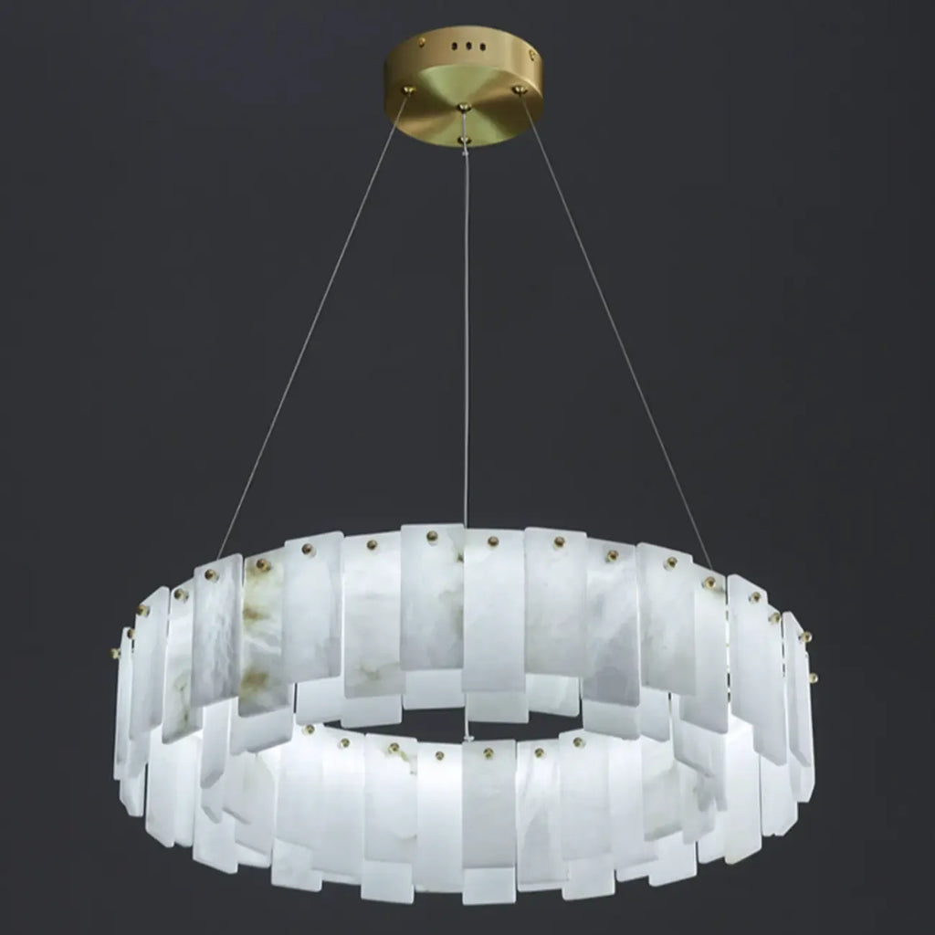 Lustre suspendu circulaire en albâtre gris-blanc glamour