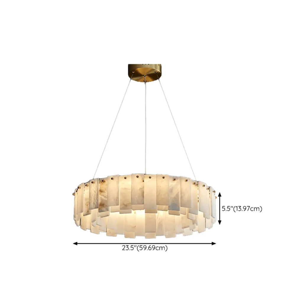 Lustre suspendu circulaire en albâtre gris-blanc glamour
