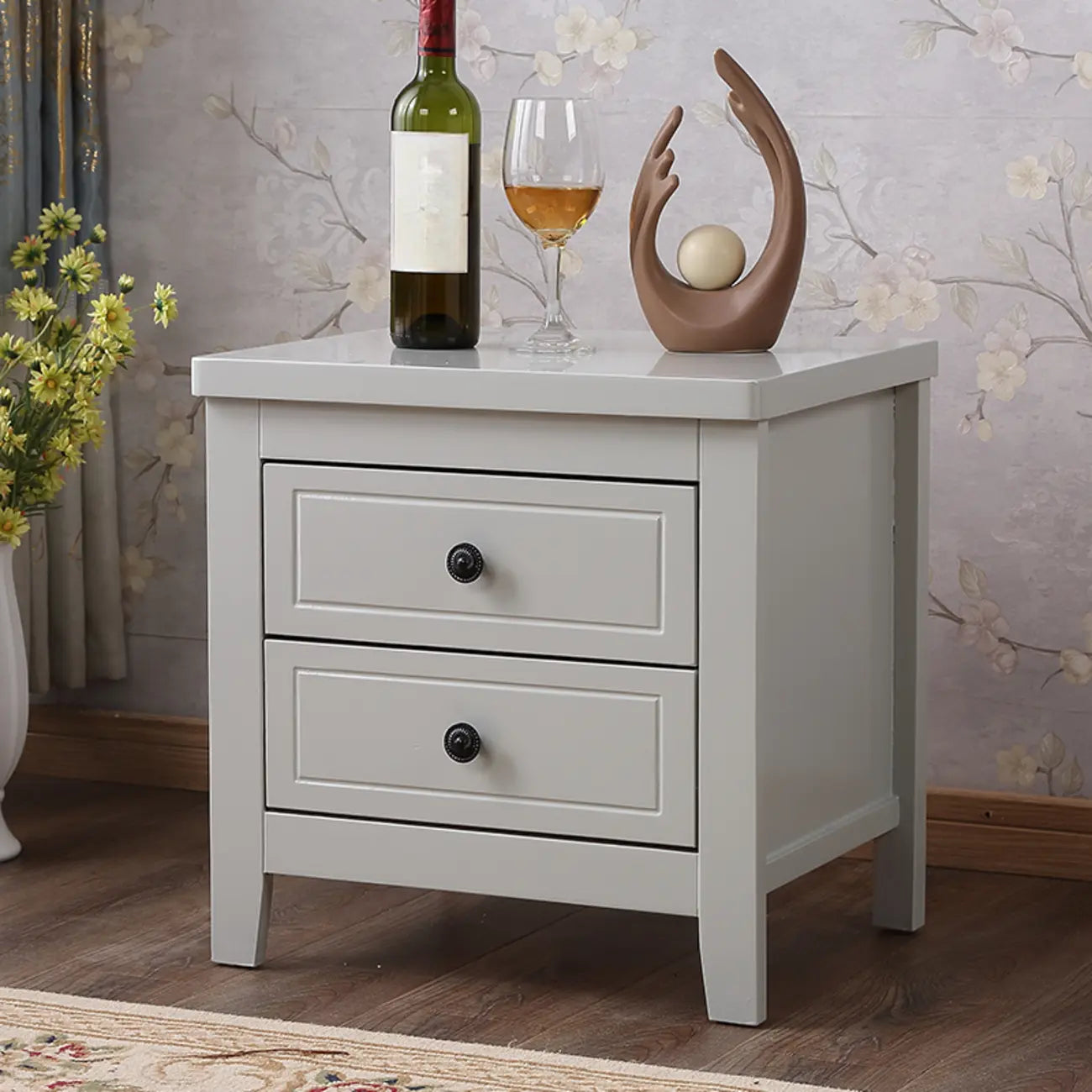 Comodino Grigio Antico a 2 Cassetti in Legno