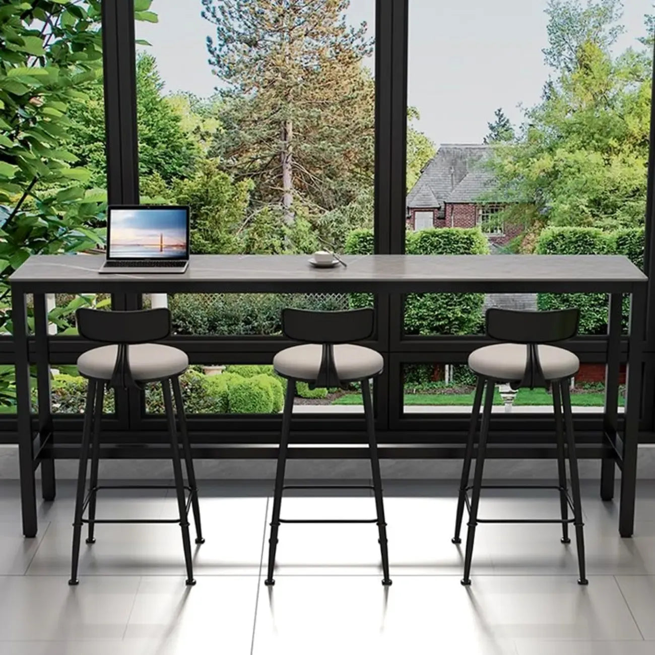 Table haute de bar moderne avec plateau en pierre grise et piètement à tréteaux