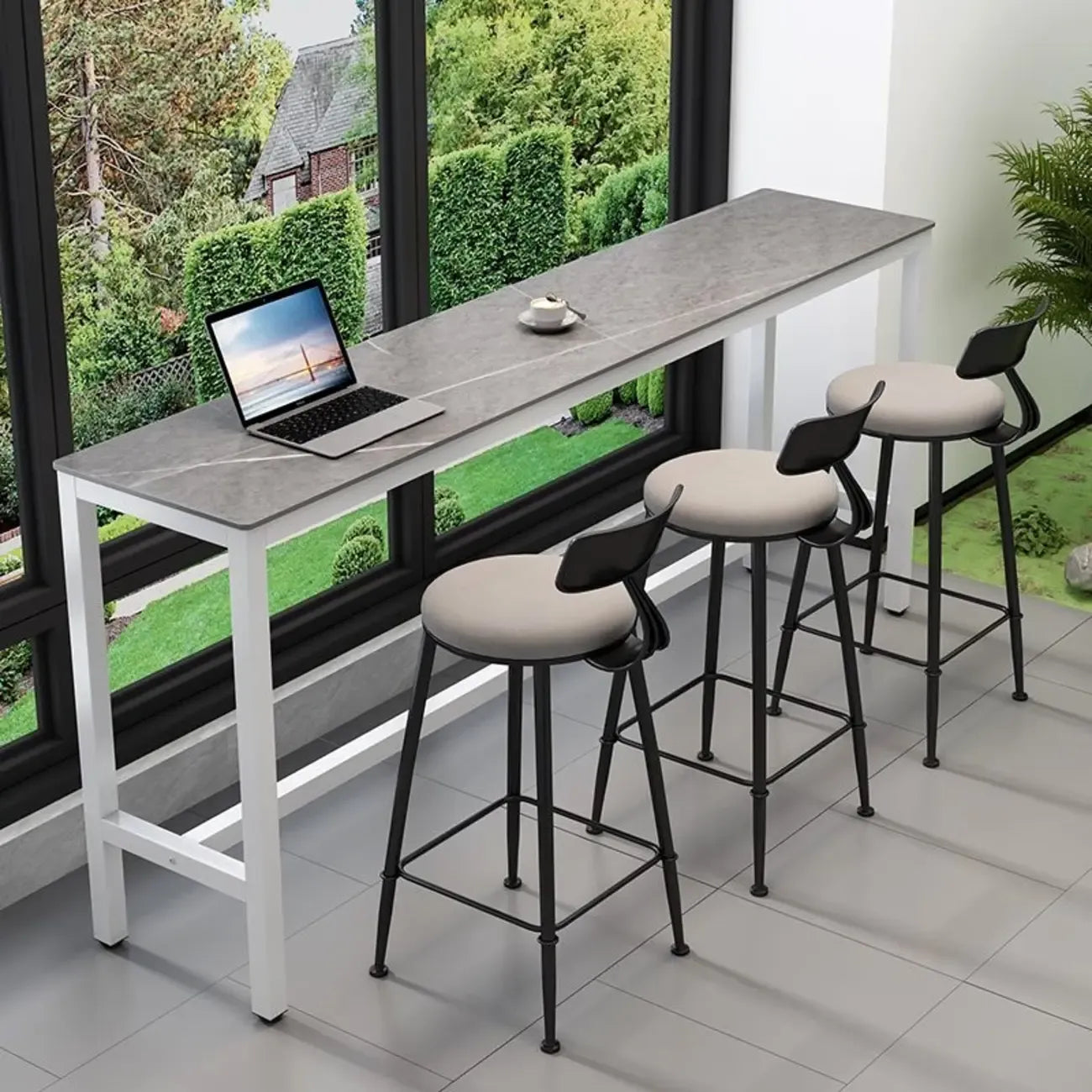 Table haute de bar moderne avec plateau en pierre grise et piètement à tréteaux