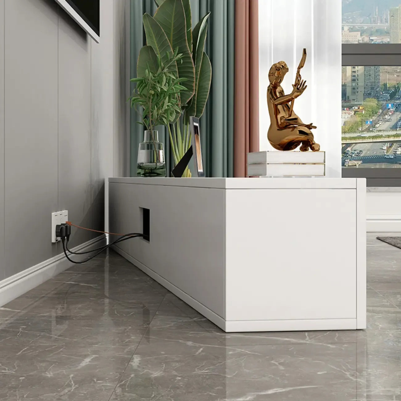 71 Mobile TV rettangolare in legno bianco con contenitore per soggiorno