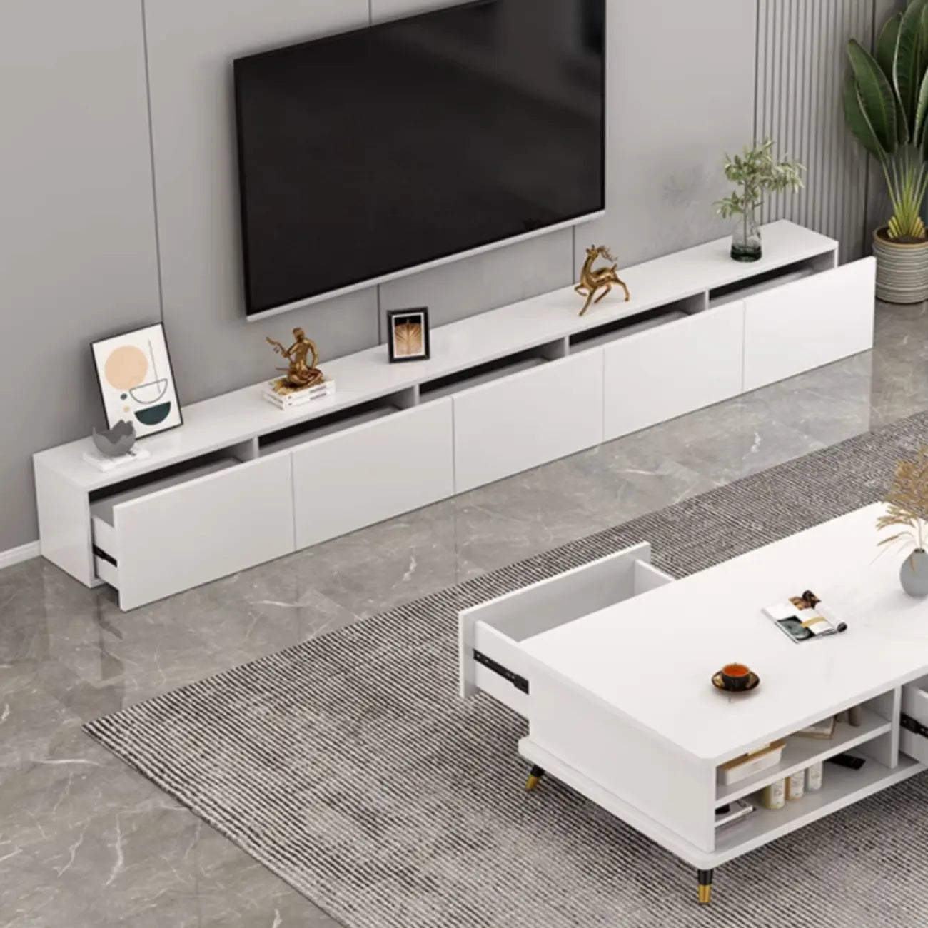 71 Mobile TV rettangolare in legno bianco con contenitore per soggiorno