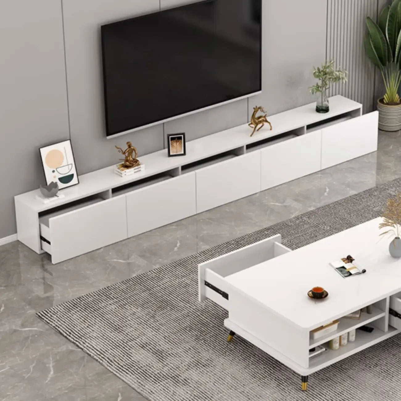 71 Mobile TV rettangolare in legno bianco con contenitore per soggiorno