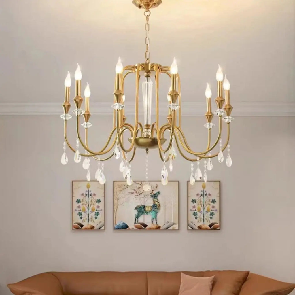 Lustre suspendu en alliage métallique doré à cristaux réglables