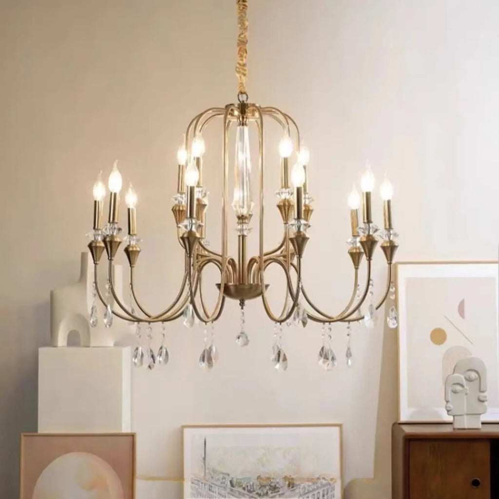Lustre suspendu en alliage métallique doré à cristaux réglables