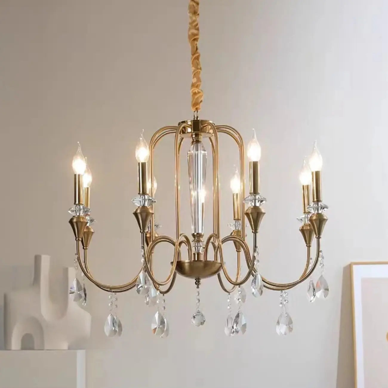 Lustre suspendu en alliage métallique doré à cristaux réglables