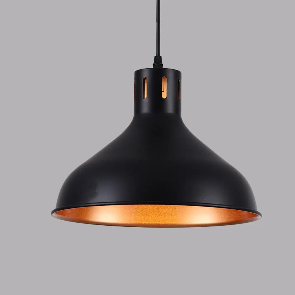 Suspension industrielle en métal noir avec dôme et chaîne.