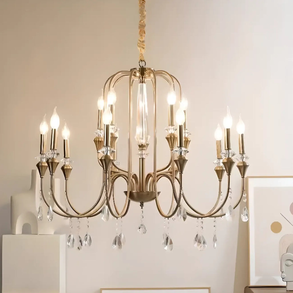 Lustre à bougies en alliage métallique de style moderne du milieu du siècle avec cristal