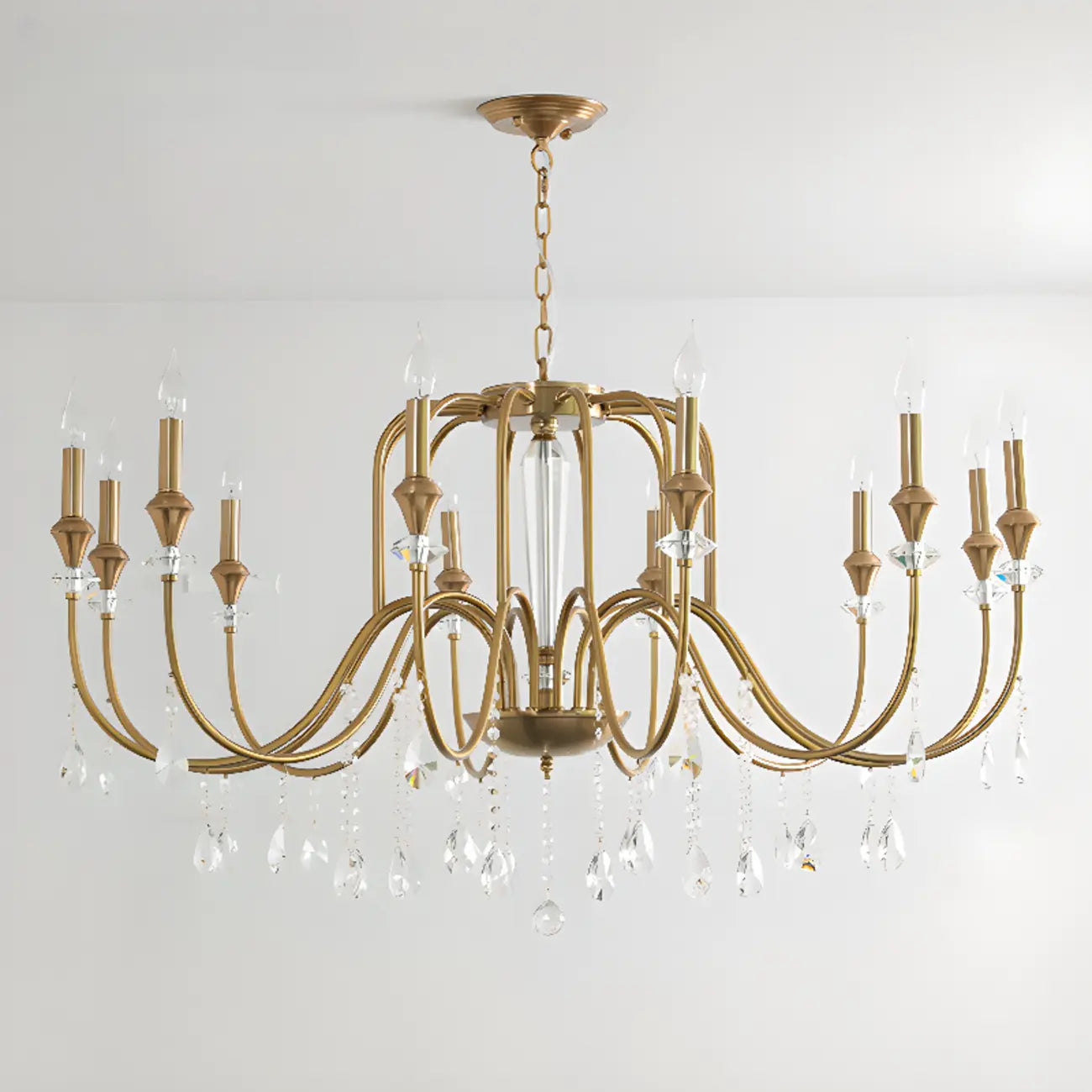 Lustre à bougies en alliage métallique de style moderne du milieu du siècle avec cristal
