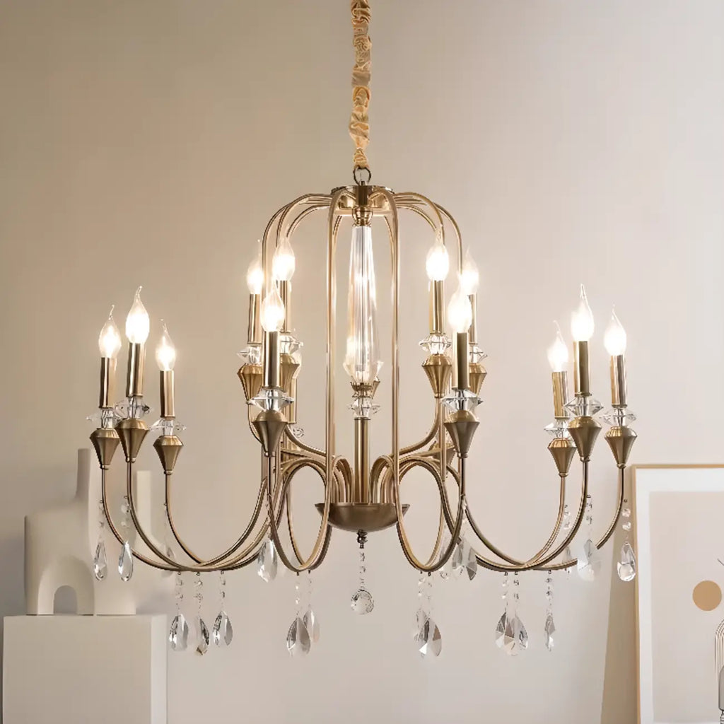 Lustre à bougies en alliage métallique de style moderne du milieu du siècle avec cristal