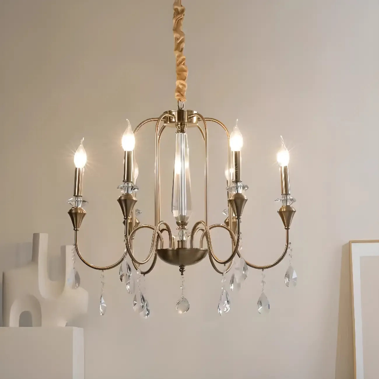 Lustre à bougies en alliage métallique de style moderne du milieu du siècle avec cristal