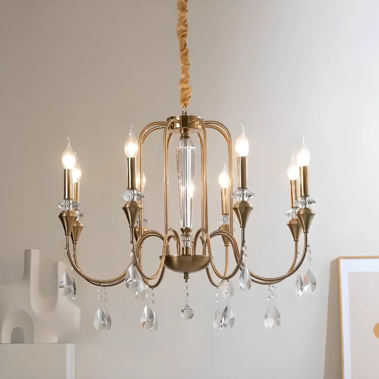 Lustre à bougies en alliage métallique de style moderne du milieu du siècle avec cristal
