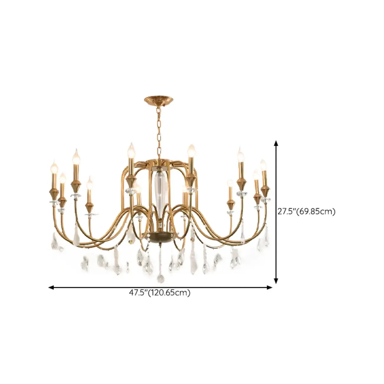 Lustre à bougies en alliage métallique de style moderne du milieu du siècle avec cristal