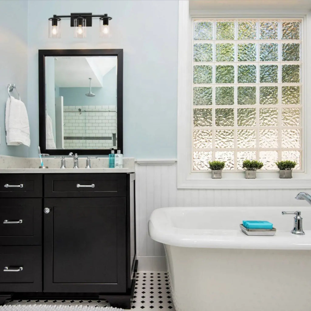 Applique da bagno a 3 luci in metallo nero e vetro trasparente cilindrico