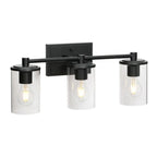 Applique da bagno a 3 luci in metallo nero e vetro trasparente cilindrico