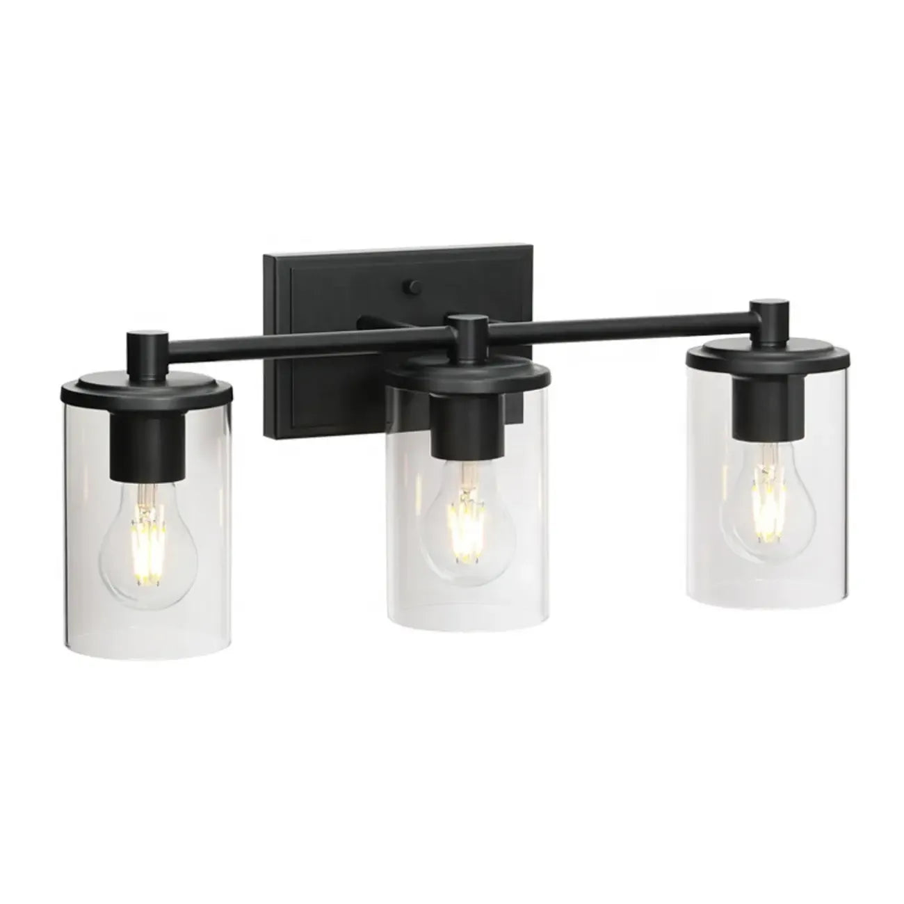 Applique da bagno a 3 luci in metallo nero e vetro trasparente cilindrico