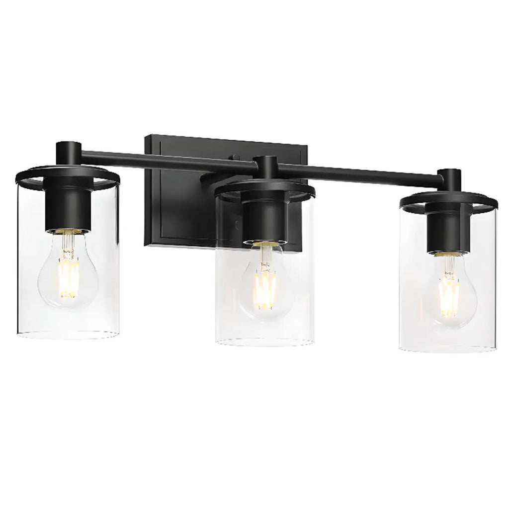 Applique da bagno a 3 luci in metallo nero e vetro trasparente cilindrico