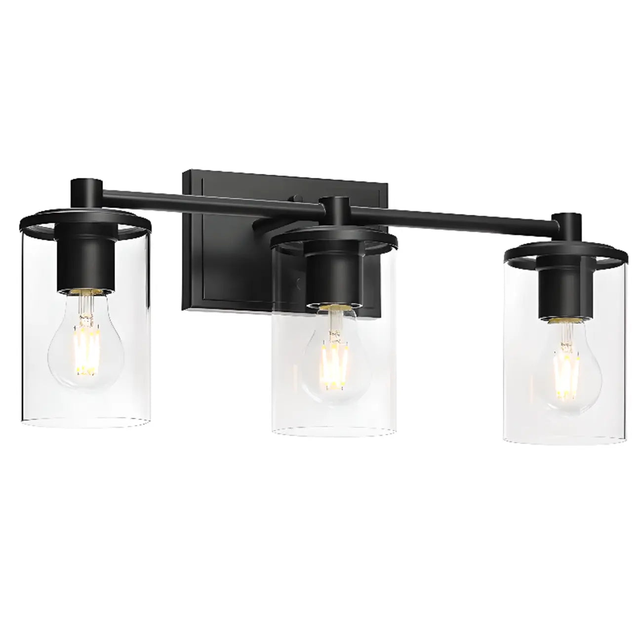 Applique da bagno a 3 luci in metallo nero e vetro trasparente cilindrico