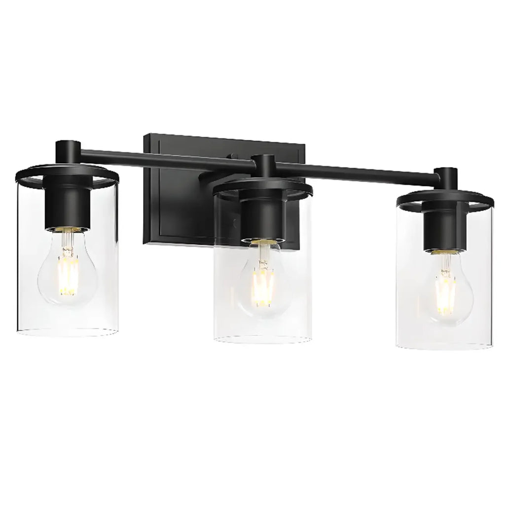 Applique da bagno a 3 luci in metallo nero e vetro trasparente cilindrico