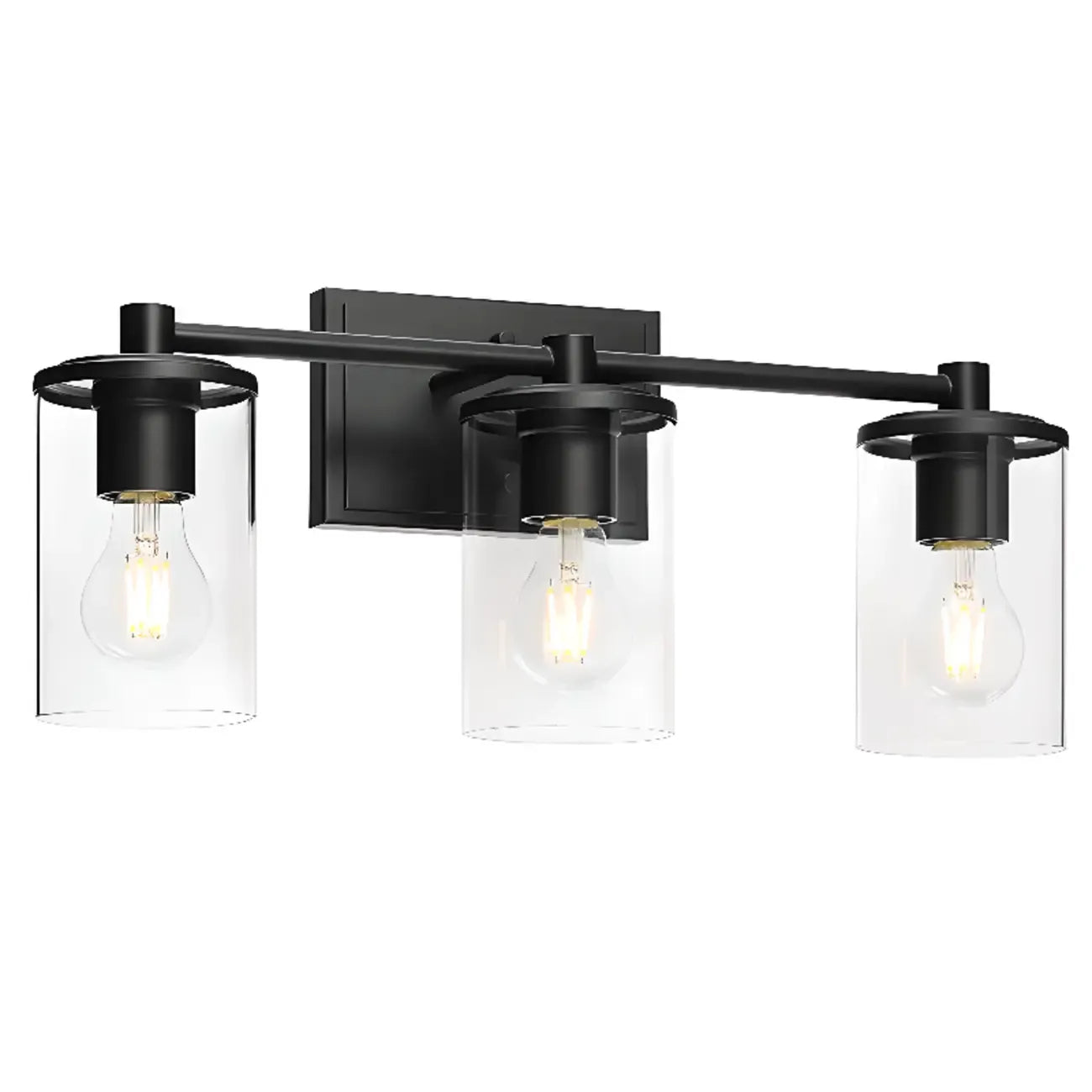 Applique da bagno a 3 luci in metallo nero e vetro trasparente cilindrico