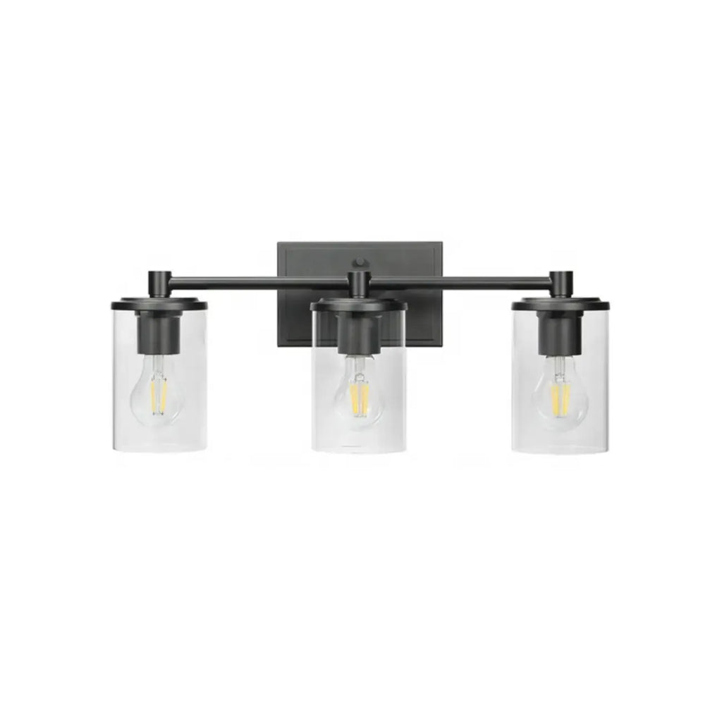 Applique da bagno a 3 luci in metallo nero e vetro trasparente cilindrico