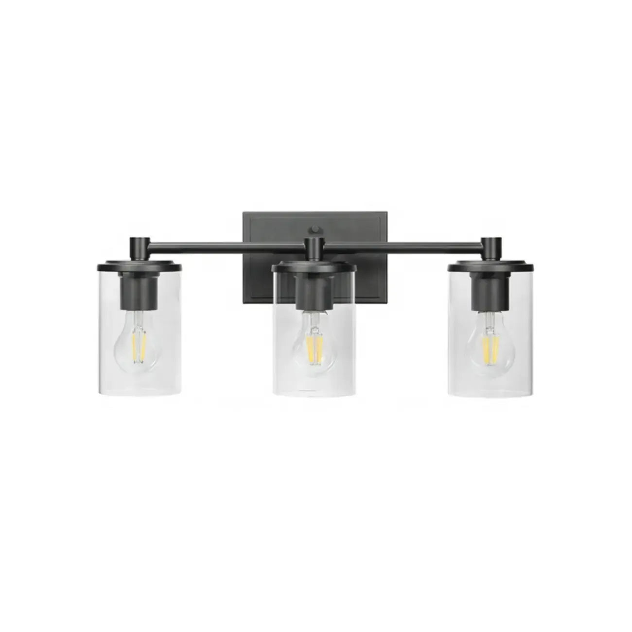 Applique da bagno a 3 luci in metallo nero e vetro trasparente cilindrico