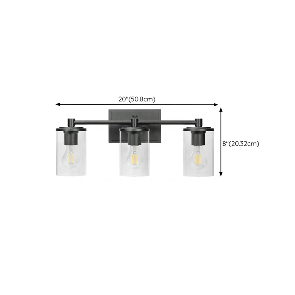 Applique da bagno a 3 luci in metallo nero e vetro trasparente cilindrico