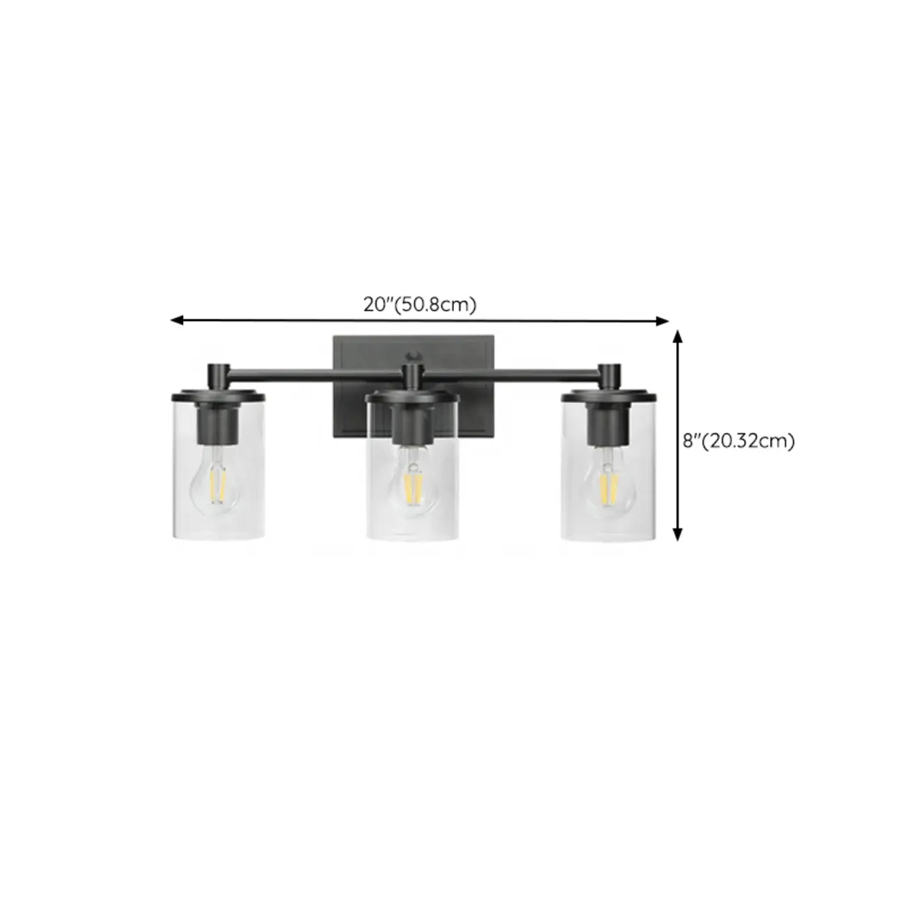 Applique da bagno a 3 luci in metallo nero e vetro trasparente cilindrico