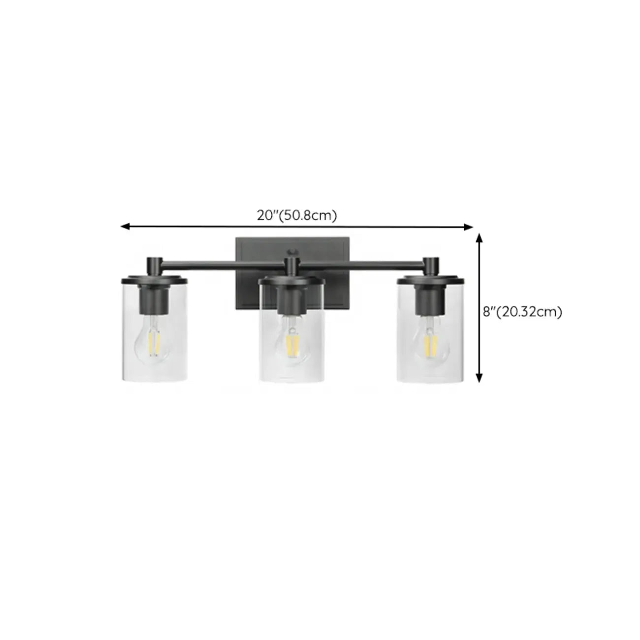 Applique da bagno a 3 luci in metallo nero e vetro trasparente cilindrico