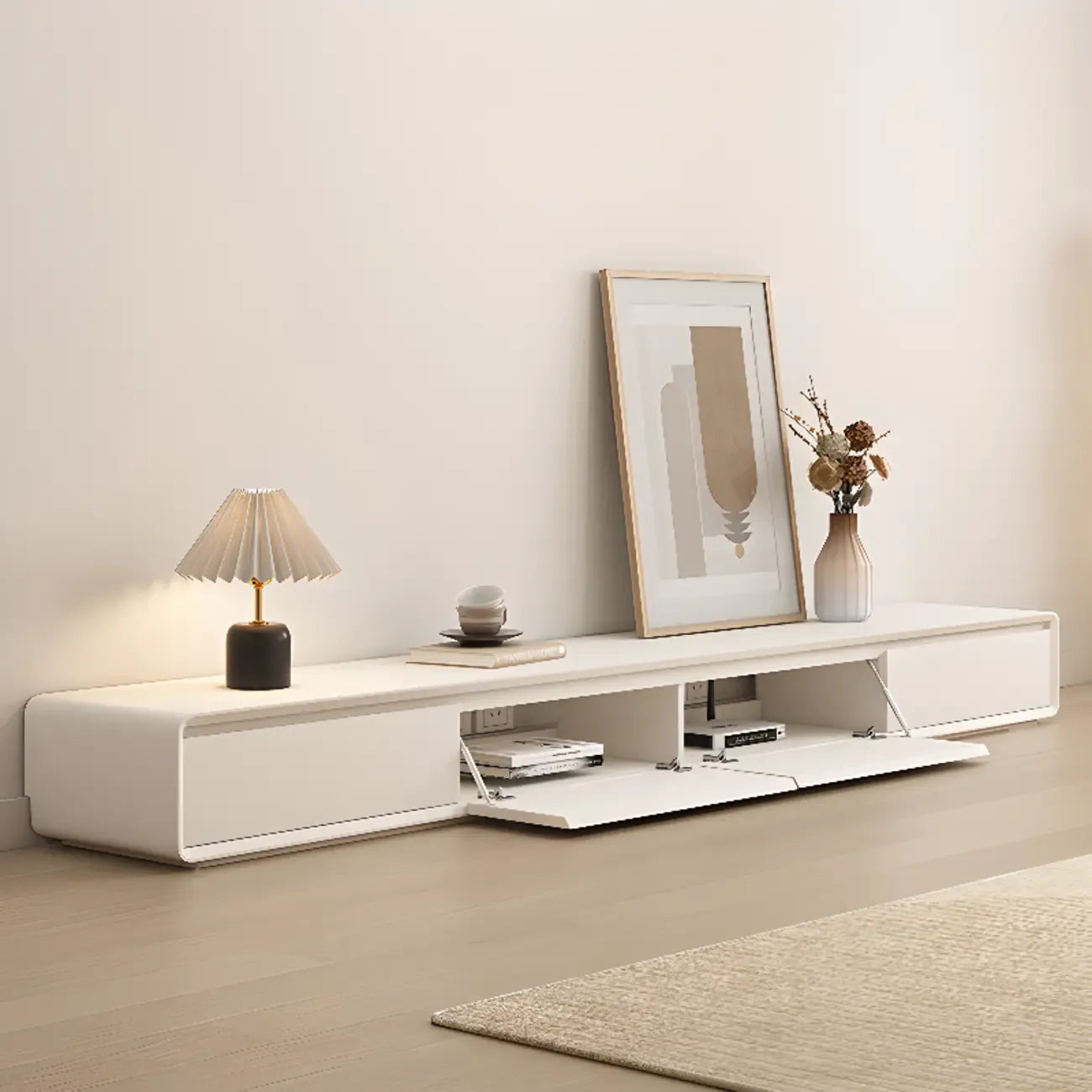 Meuble TV rectangulaire en bois blanc avec 2 tiroirs ventilés