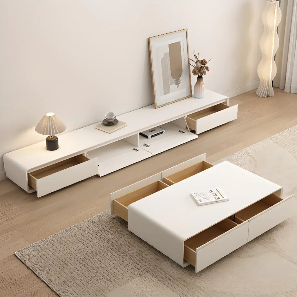 Meuble TV rectangulaire en bois blanc avec 2 tiroirs ventilés