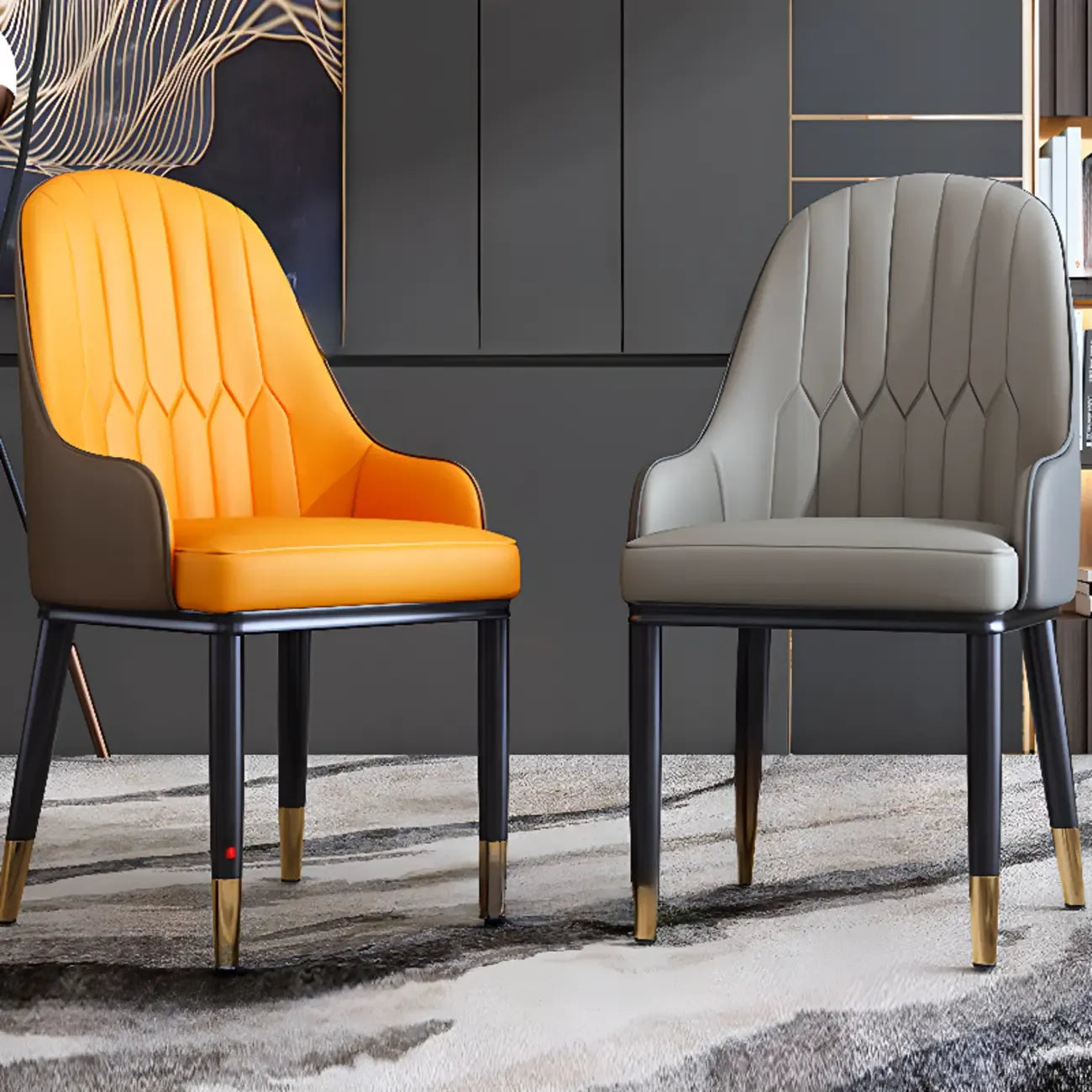 Chaise de salle à manger glamour en similicuir avec dossier incurvé et accoudoirs