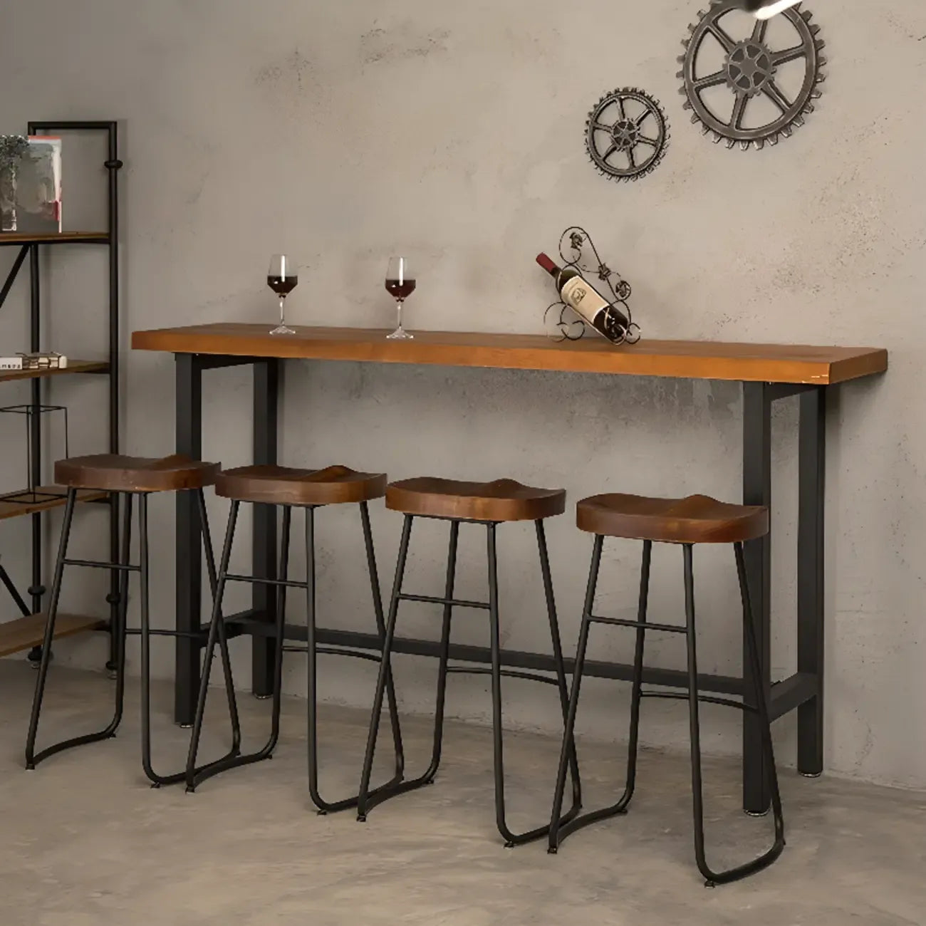 Table de bar moderne de style industriel, plateau en bois, piètement en métal