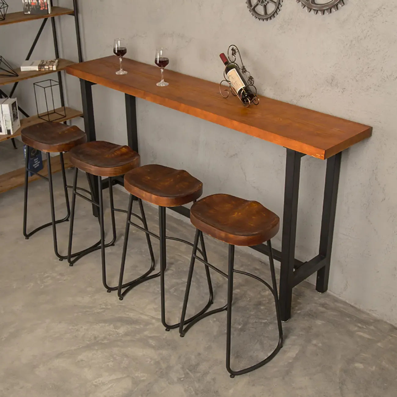 Table de bar moderne de style industriel, plateau en bois, piètement en métal