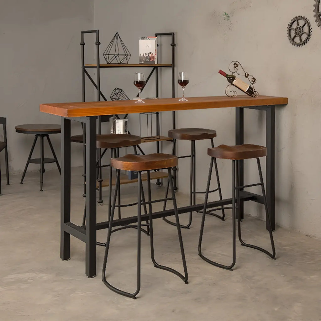Table de bar moderne de style industriel, plateau en bois, piètement en métal