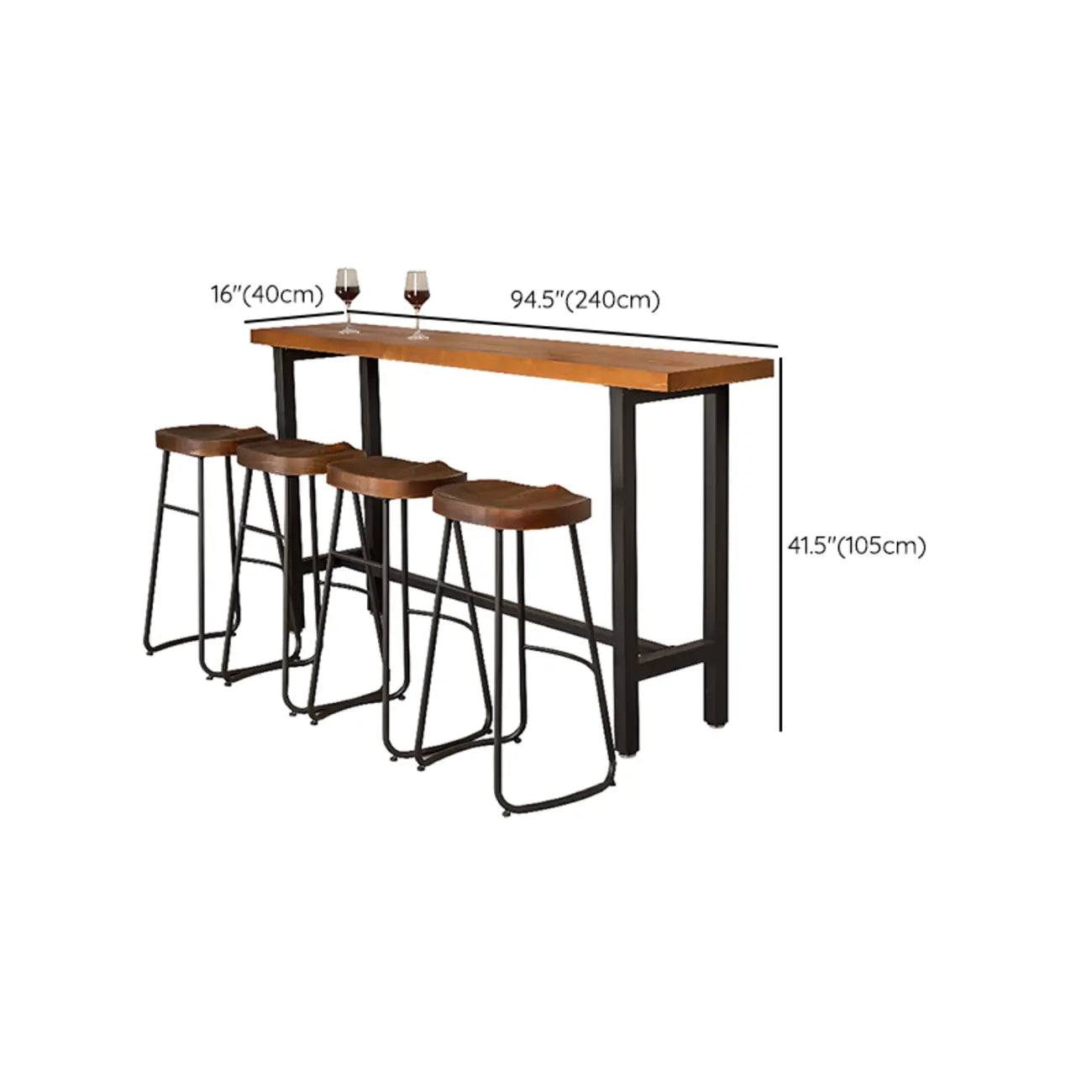 Table de bar moderne de style industriel, plateau en bois, piètement en métal