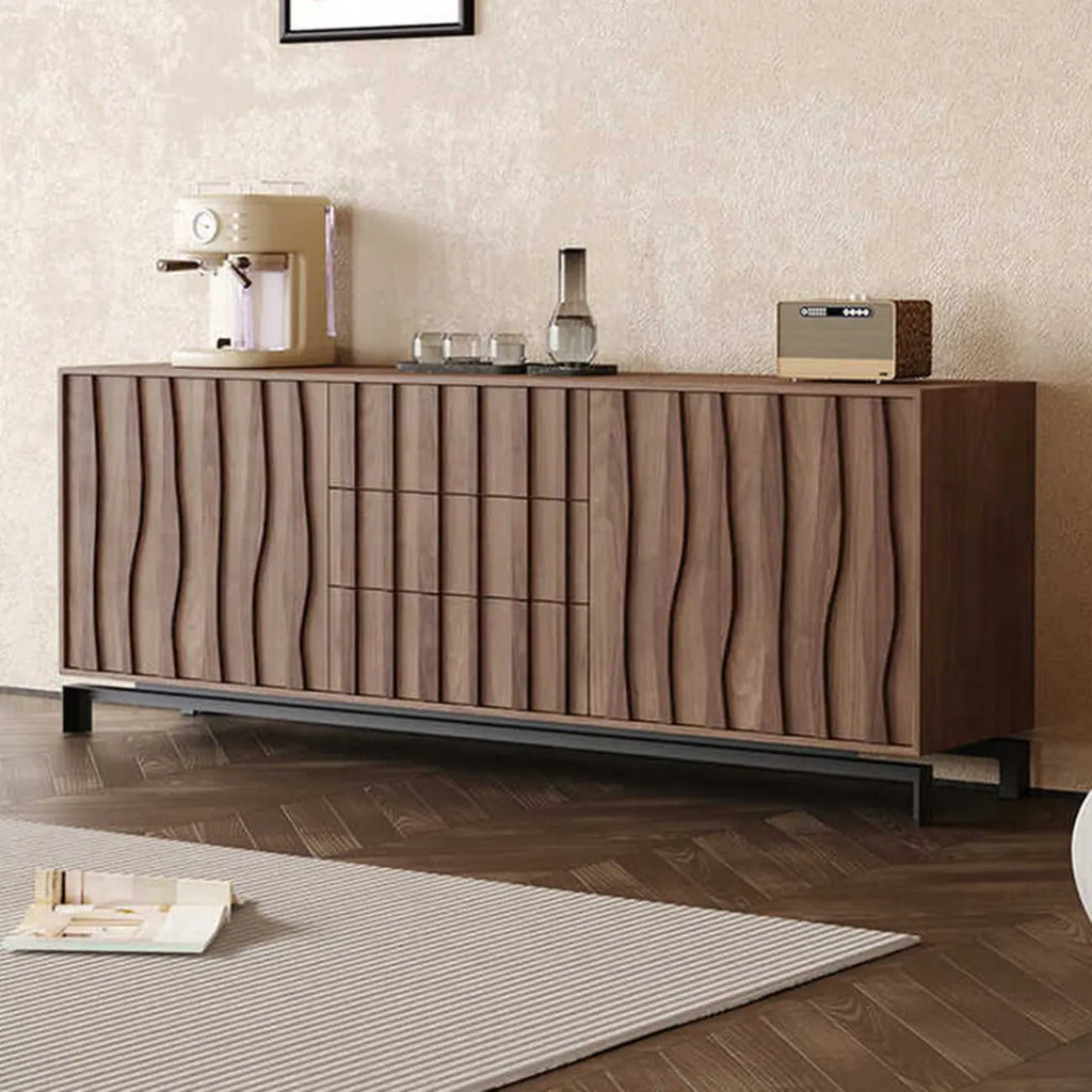 Armoire de rangement utilitaire en bois brun ondulé de style moderne du milieu du siècle