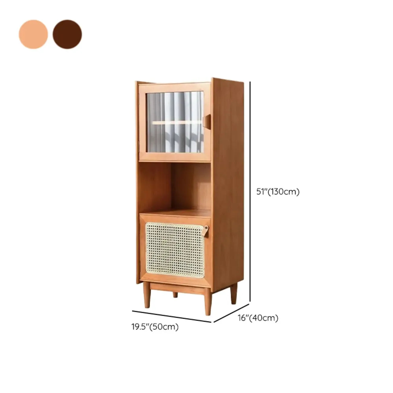 Armadietto multiuso a 3 ripiani in legno di ciliegio naturale, vetro e rattan