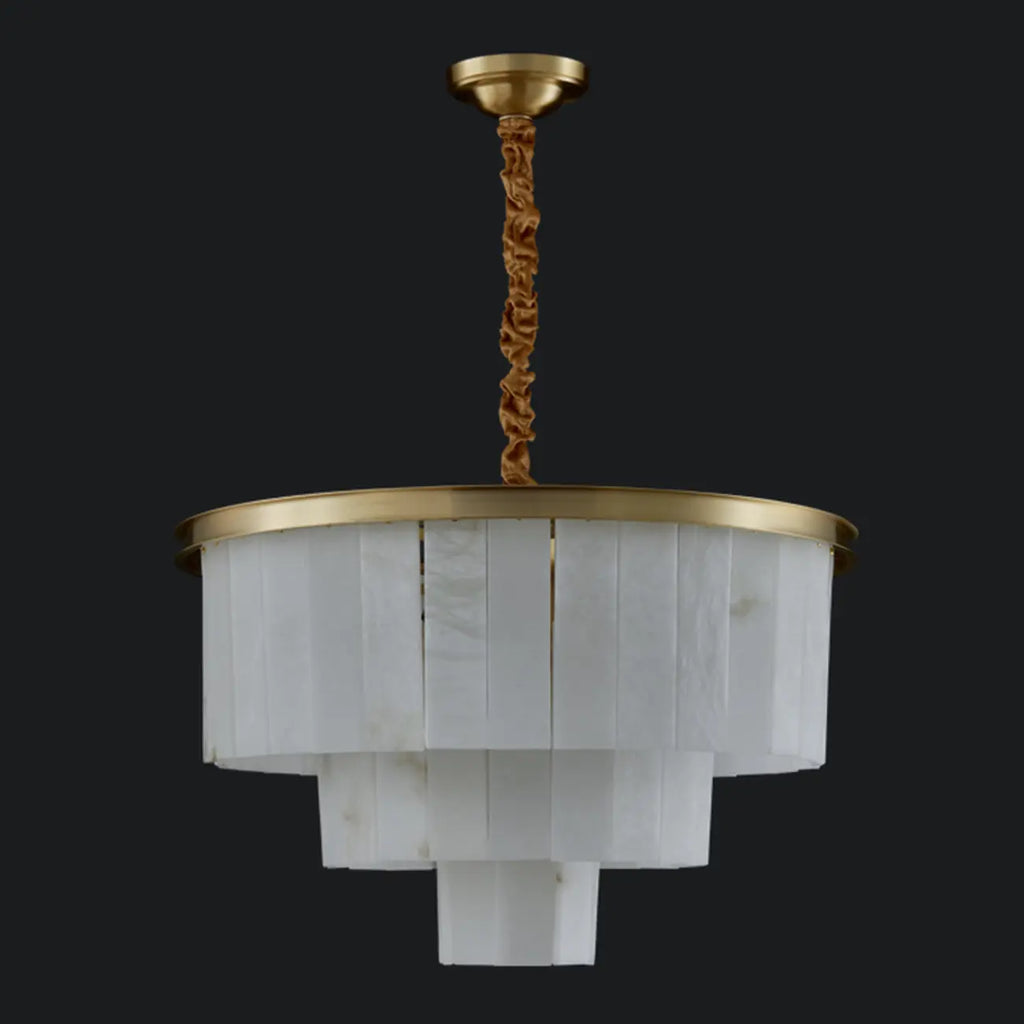 Lustre circulaire classique à plusieurs niveaux en albâtre doré