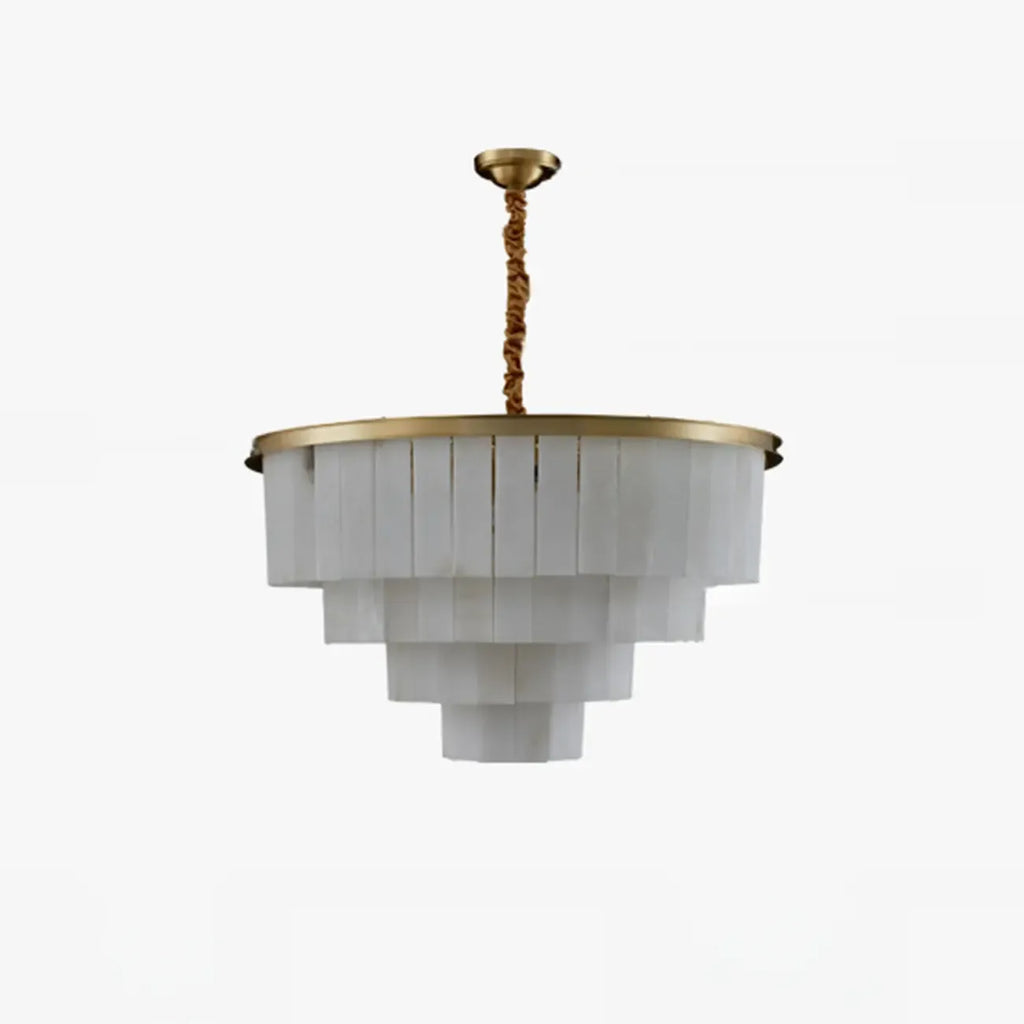 Lustre circulaire classique à plusieurs niveaux en albâtre doré